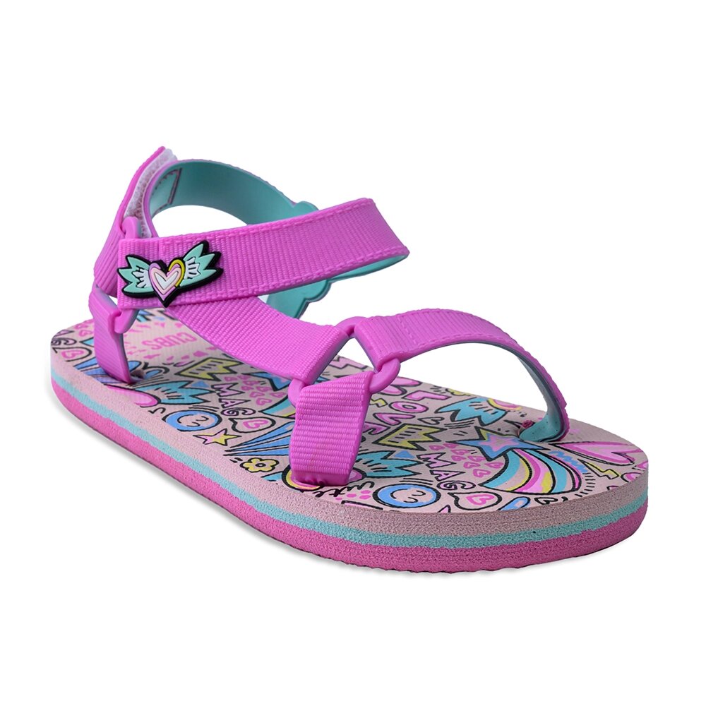 Girls’ sandal with heart and rainbow prints.