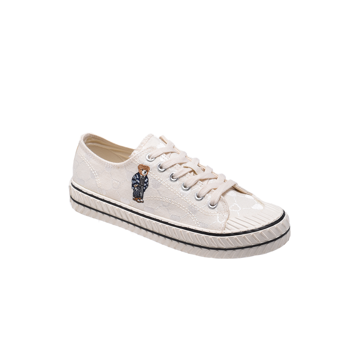 TTWN BEAR Low-Top White Jacquard Canvas Big-Eared Bear Pattern Shoes
