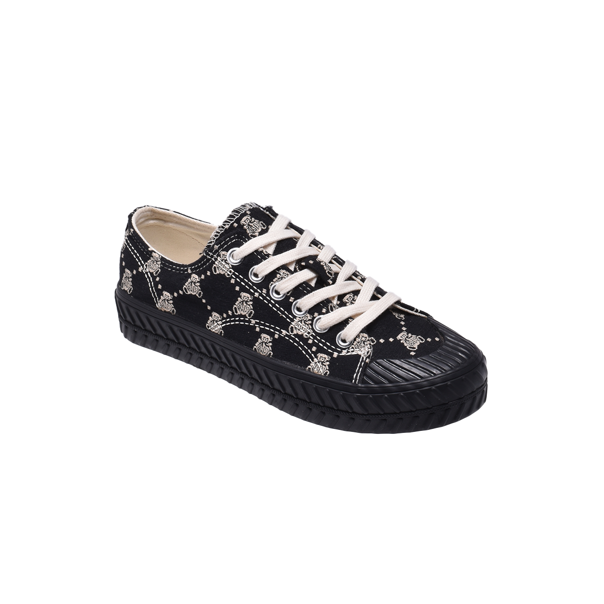 TTWN BEAR Low-Top Black Jacquard Canvas Big-Eared Bear Pattern Shoes