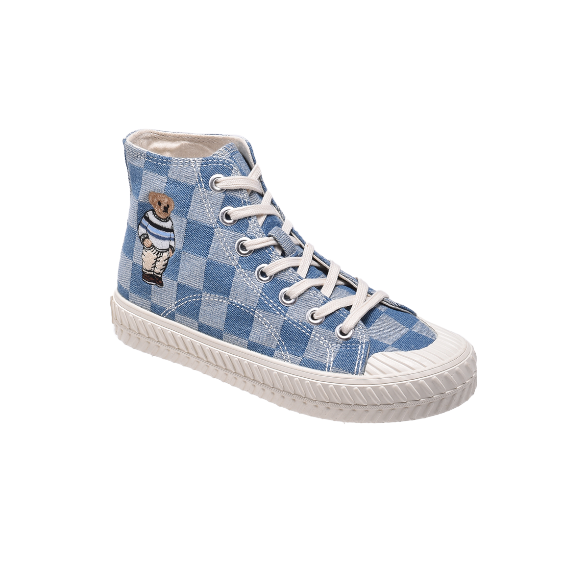TTWN BEAR High-Top Blue Checkered Denim Canvas Side Bear Biscuit Shoes